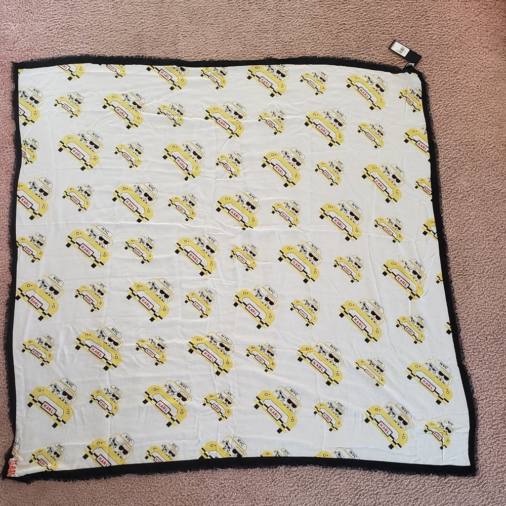 NWT Karl Lagerfeld Ikonik Print Silk Modal Large Square Frayed Edges Black Scarf - Picture 3 of 15